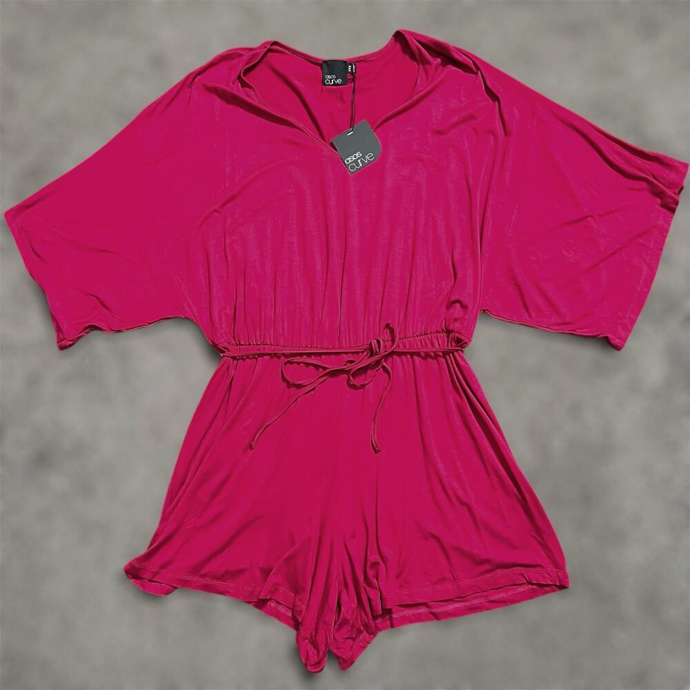 ASOS Curve Blouson Romper 16 V-Neck Kimono Sleeve Elastic Waist Tie Jersey Pink